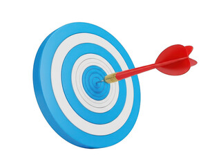 A blue and white target with a red arrow hitting the bullseye isolated on transparent background