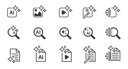 Fototapeta premium Set of AI generate icon. Artificial intelligence technology and Machine learning concept. Collection of AI document Generator icon, AI search icon. Editable stroke. Vector illustration
