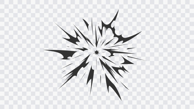 Compact comic style central burst symbol with sharp impact lines and transparent background. Dynamic explosion mark forming strong visual emphasis, suitable for action effects, hit impact, power.