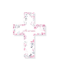 Obraz premium Religious cross with sakura flowers. . Hand drawn. Not AI, vector illustration. He is risen Hand drawn. Not AI, vector illustration