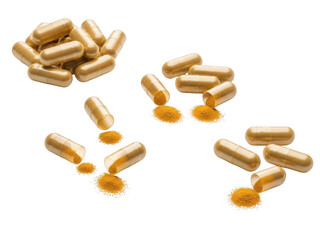 Blurry image of open and closed capsules with yellow liquid isolated on transparent background