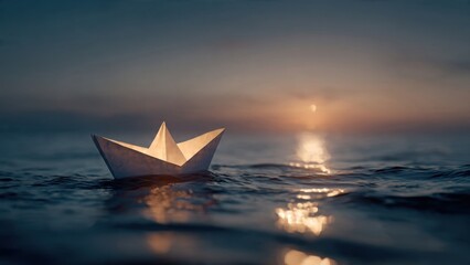 Obraz premium Paper Boat Sailing at Sunset