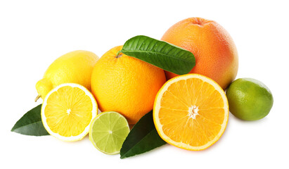 Fototapeta premium Different fresh citrus fruits with green leaves isolated on white