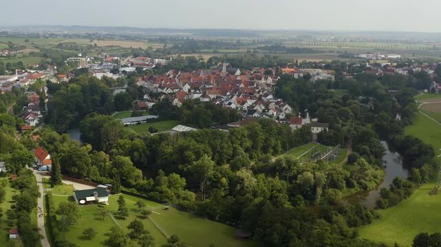 Aerial panorama view of the church Wallfahrtskirche Frauenberg  in Germany  on a sunny day in summer.
