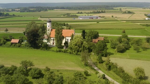 Aerial panorama view of the church Wallfahrtskirche Frauenberg  in Germany  on a sunny day in summer.