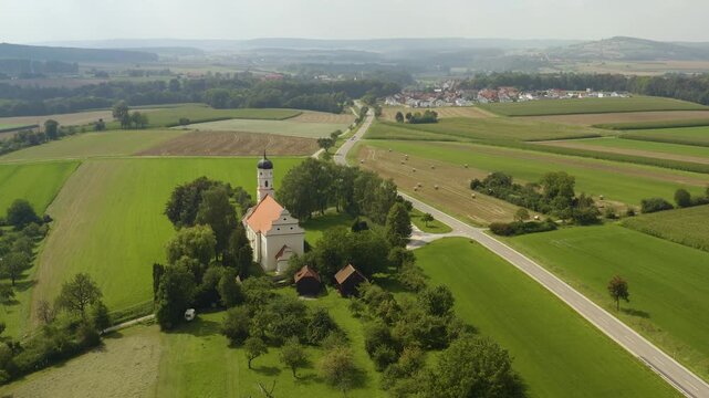 Aerial panorama view of the church Wallfahrtskirche Frauenberg  in Germany  on a sunny day in summer.