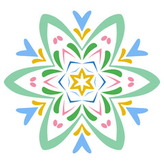 Colorful symmetrical flower mandala design with geometric shapes. Abstract folk art illustration. Cheerful vibrant