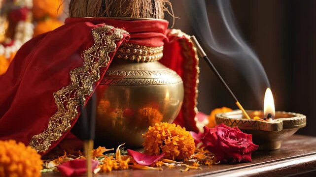 Traditional puja setup with brass pot and diya surrounded by flowers and incense sticks. Puja ceremony includes offerings such as marigold and rose petals enhancing spiritual ambiance.