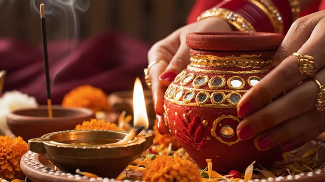 Diwali festival arrangements with colorful pot and traditional delicacies for celebration. Diwali preparations include diya lamp and incense with marigold flowers for festive atmosphere.