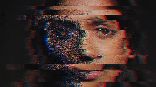 Distorted face of young woman with digital glitch effects. Close-up of female subject with horizontal data corruption and pixelated artifacts
