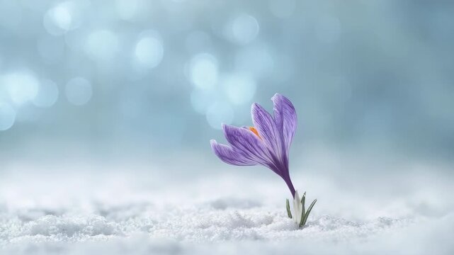 Purple crocus blooming in snowy landscape with bokeh background