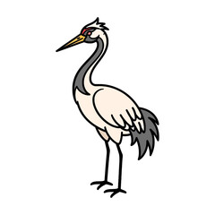 Fototapeta premium Cartoon illustration of a white crane bird with a long grey neck, black legs, and a yellow beak, standing on a white background.