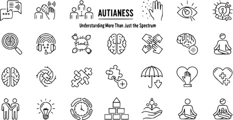 Naklejka premium Autism Neurodiversity Awareness Line Icons: Understanding the Spectrum, Communication, Sensory Experience, Brain, and Mental Health