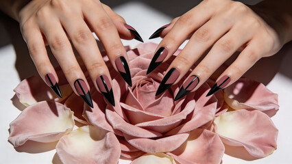 Fototapeta premium Elegant black manicured nails resting on pink rose petals 