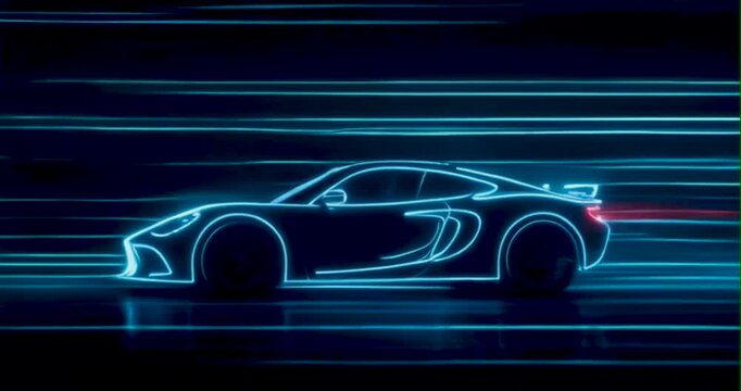 Cinematic 3D render of neon sports car silhouette with glowing cyan blue outline driving at high speed, creating seamless loop animation. Sleek supercar profile with luminous electric blue neon lines 