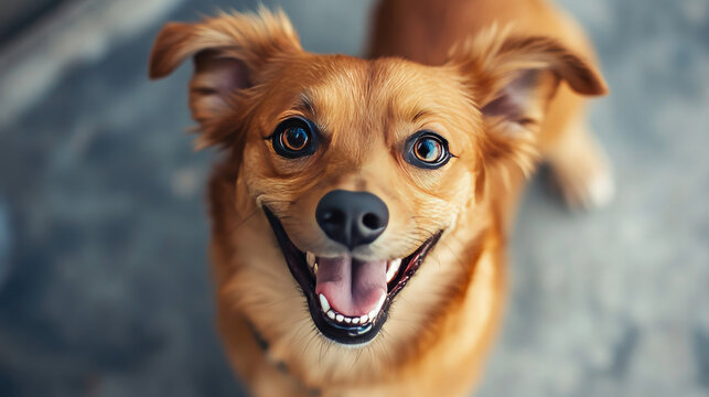 A happy dog looking directly at the camera with an open mouth. Its brown fur and friendly expression radiate joy AI Generative