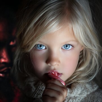 A cute 4 year old blond girl with stunning blue eyes licking christmas candy. she is looking devious at a shadowy demon that looks like pan the god. she is wearing cute christmasy overknee stockings