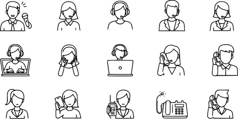 Fototapeta premium Outline Icons Set of Communication, Customer Service, and Technical Support. Includes Call Center Agents, Telephony Symbols, Broadcasters, and Help Desk Avatars.