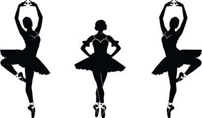Three black silhouette ballerinas in various poses on white background © Obaidul Vector Zoon
