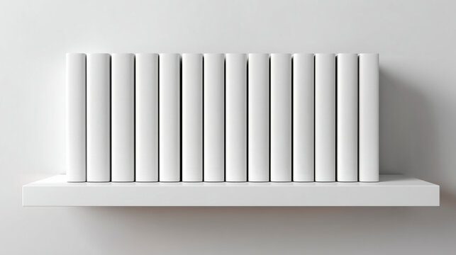 Fila de libros blancos minimalistas listos para proyectos de branding, mockup de lomos de libros en estante blanco sobre fondo liso