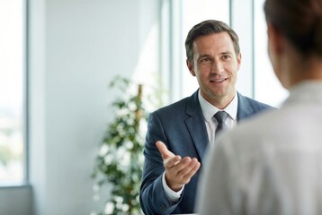Fototapeta premium A friendly male financial advisor in a suit gesturing as he explains investment options to a client in a bright office.