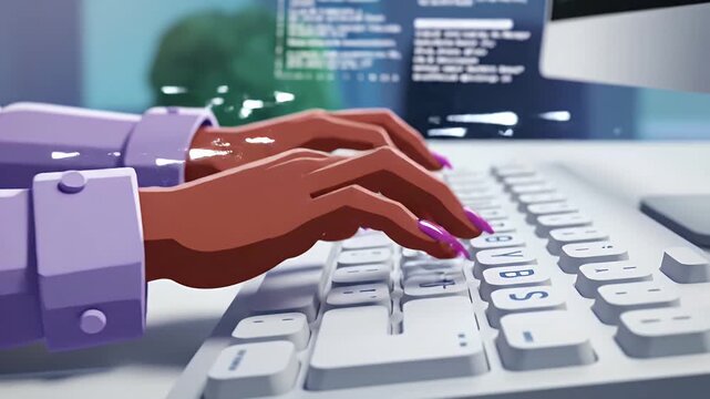 Animated dark skin hands typing on modern computer keyboard