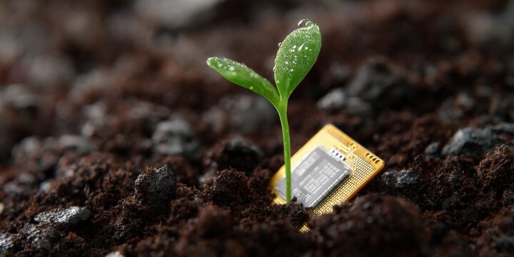 Green sprout growing from soil besides computer chip symbolizing tech-environment fusion