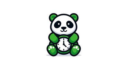 Fototapeta premium Cute green and white cartoon panda character holding an alarm clock. Adorable sitting animal mascot, time management concept illustration.