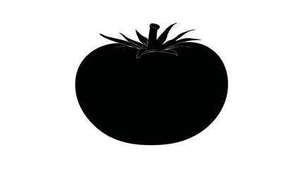 Black Tomato Silhouette with Stem and Leaves Isolated on White Background. Fresh Healthy Vegetable Icon for Design.