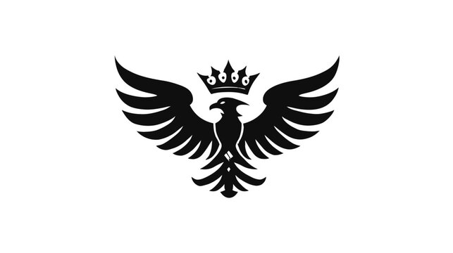 Majestic black crowned eagle or phoenix graphic symbol with spread wings. Powerful regal bird icon on a clean white background.