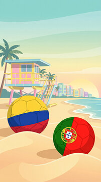 Colombia and Portugal soccer balls on a colorful Miami beach with a lifeguard tower at sunset.