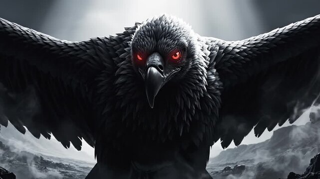 Menacing black bird with glowing red eyes, wings spread