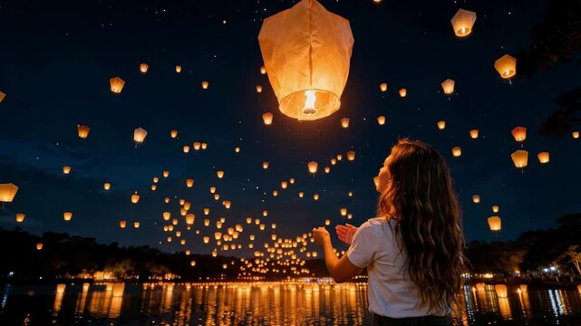 Woman with paper lantern in hands. Floating lantern YeePeng Firework Festival or Yi Peng Lantern in Chiangmai, Chiang Mai festival and Loy Kratong Festival in Thailand,Asia 