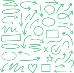 Hand drawn green arrows and doodles set with flow lines, shapes, and symbols