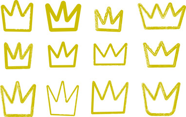 Hand Drawn Crown Doodle Set in Yellow, Sketchy Royal Icon Collection