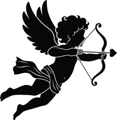 Fototapeta premium Winged figure Cupid, the Roman god of love holding a bow and arrow, ready to strike a target. Arrow has a heart-shaped tip, symbolizing love and affection, Valentine Day and romantic themes. 
