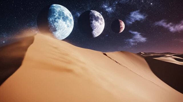 Surreal Desert Landscape with Multiple Planets in Starry Night Sky