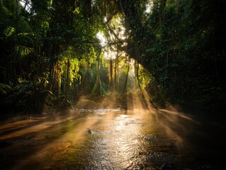Obraz premium Sunbeams Pierce Misty Jungle River