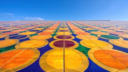 Fototapeta premium Vibrant Abstract Circular Tile Pattern Against Blue Sky