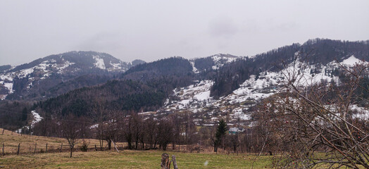 Carpathian Mountain Valley with Snow-Patched Slopes and Dense Forest
