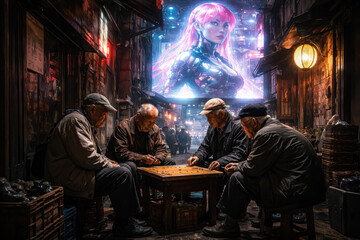 Elderly men playing board games in a dark alleyway under a giant holographic cyberpunk billboard. generative AI