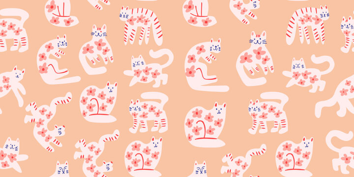 vector seamless pattern with cute cats with flowers in warm colors, childrens pattern