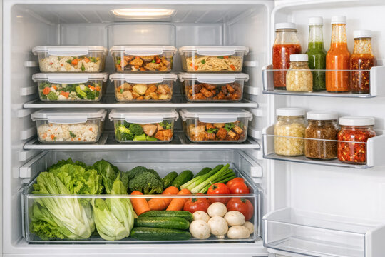 Open refrigerator filled with meal prep containers, fresh vegetables and homemade sauces, healthy meal planning and food storage organization, generative AI