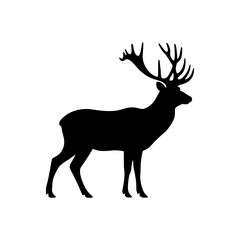 Black silhouette of a majestic stag deer with large antlers standing isolated on transparent background