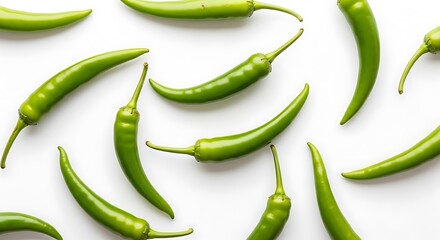 Green chili peppers on white background