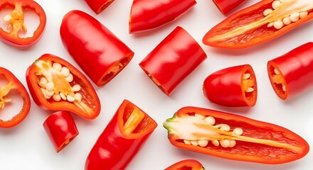 Red Chili Peppers Cut Open on White Background