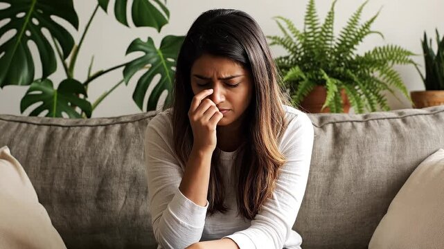 sad and depressed young woman sitting alone at home, feeling hopeless, lonely, and anxious.