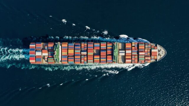 Aerial overhead view of a cargo container ship travling over the ocean as a concept for industry and shipping