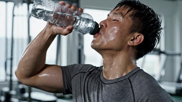 Sweaty Asian man intensely hydrates by drinking bottled water after rigorous physical workout session inside a gym facility