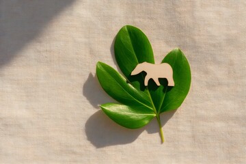 eco-friendly flat lay, wildlife conservation flat lay with green leaf, wood animal silhouette, beige linen background, soft light, spacious layout